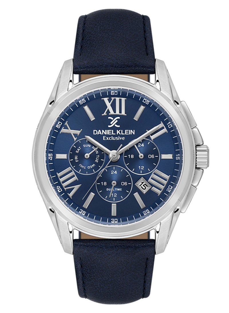 دانيل كلاين ساعة رجالية سوار جلد | هيكل من سبيكة فضية | تناظري | قرص أزرق داكن دائري بنمط شعاعي | حركة كوارتز يابانية | حصرية | مقاومة للماء حتى عمق 50 مترًا - Image 1